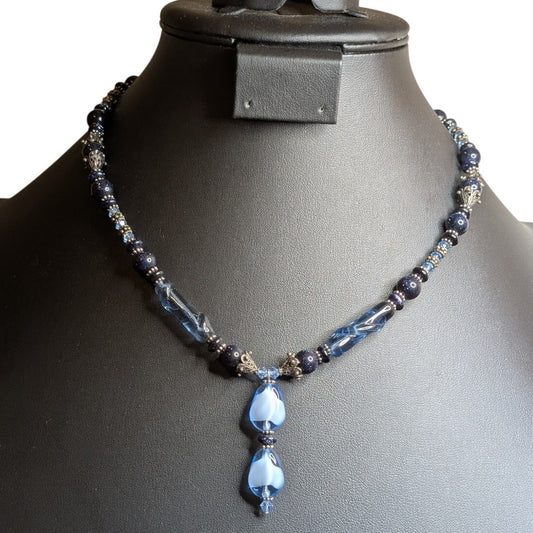 Blue Fused Glass Dangle Gold Stone Crystal Beaded 18" Necklace W/ Toggle Clasp