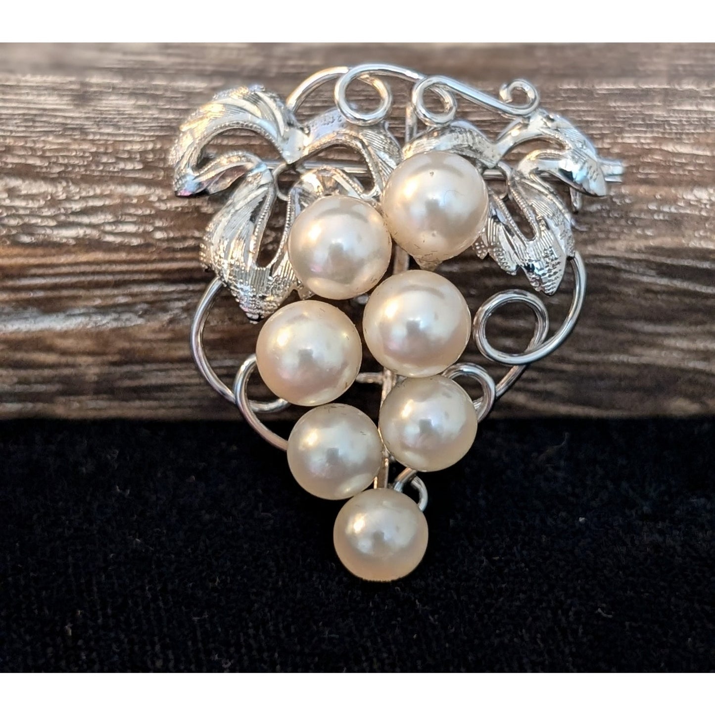 Marked Silver Vintage Seven Cultivated Pearl Grapes on Branch Pendant Brooch