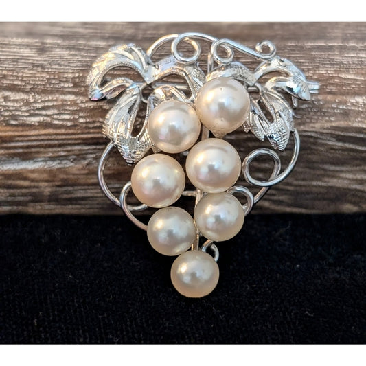 Marked Silver Vintage Seven Cultivated Pearl Grapes on Branch Pendant Brooch