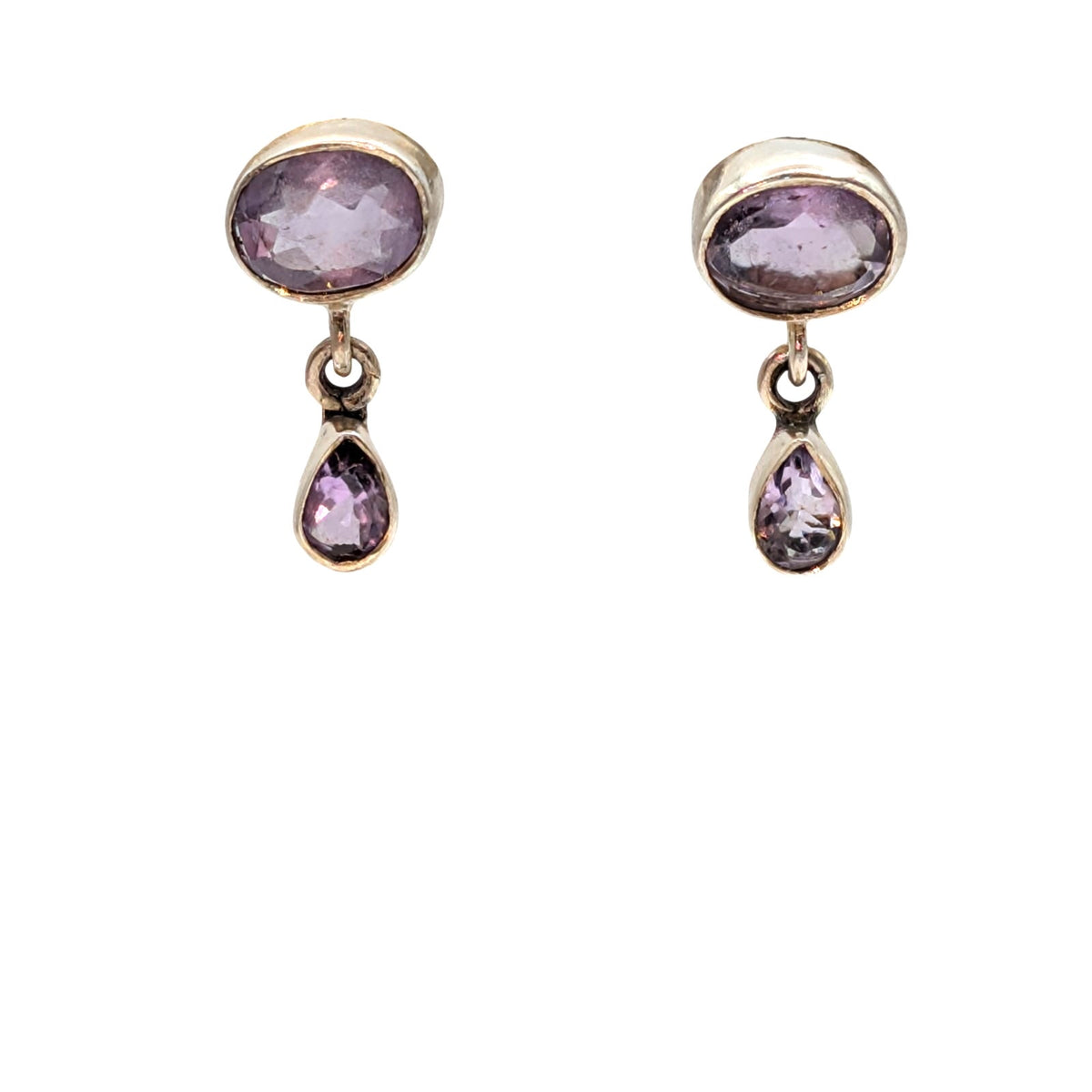 Vintage Marked 925 Sterling Bezel Set Amethyst Dangle Drop Pierced Earrings
