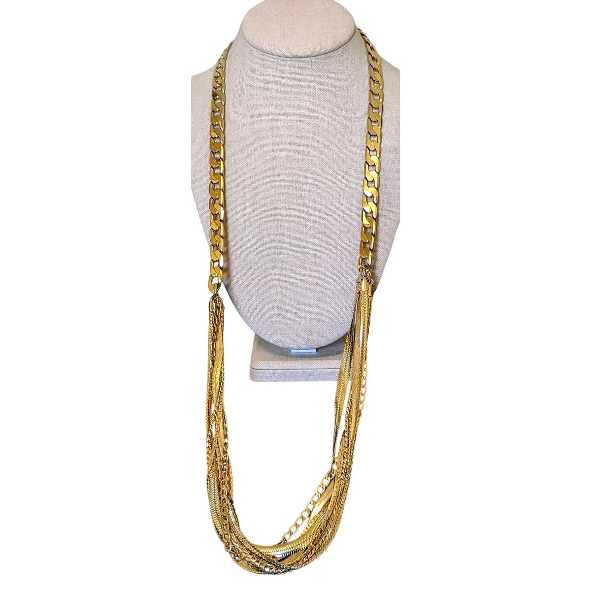 Chunky Long One Strand Into Seven Strands High Shine Gold Tone Chain Necklace
