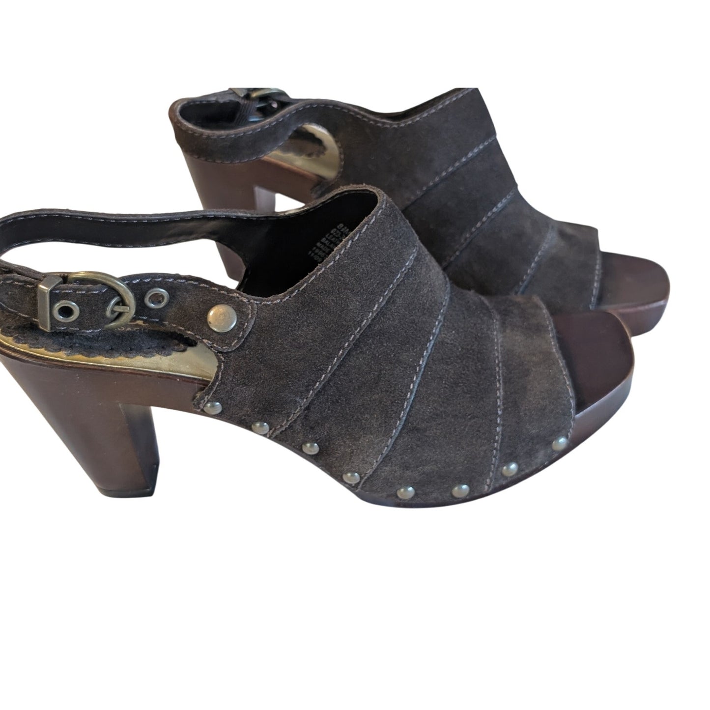 A.N.A. Brown Suede Open Toe Sling Back Chunky Heel Gunmetal Stud Sandal Sz 8.5