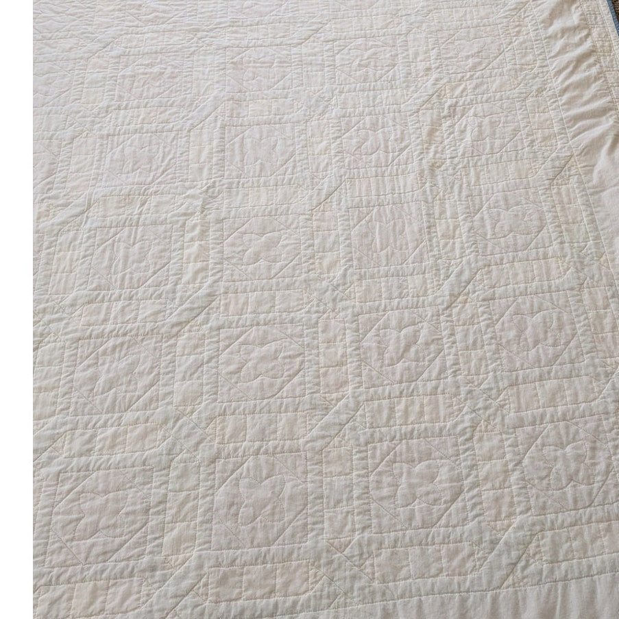 Vintage 84" X 102" Teal Blue & Mauve Cotton Hand Stitched 'Secret Garden' Quilt