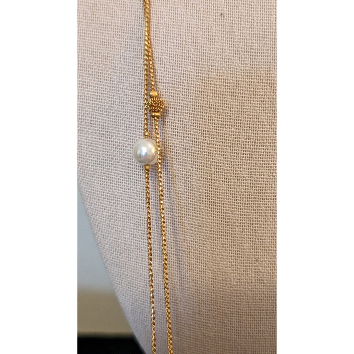 Vintage Double Gold Tone Chain Pearl and Coil Bead Necklace