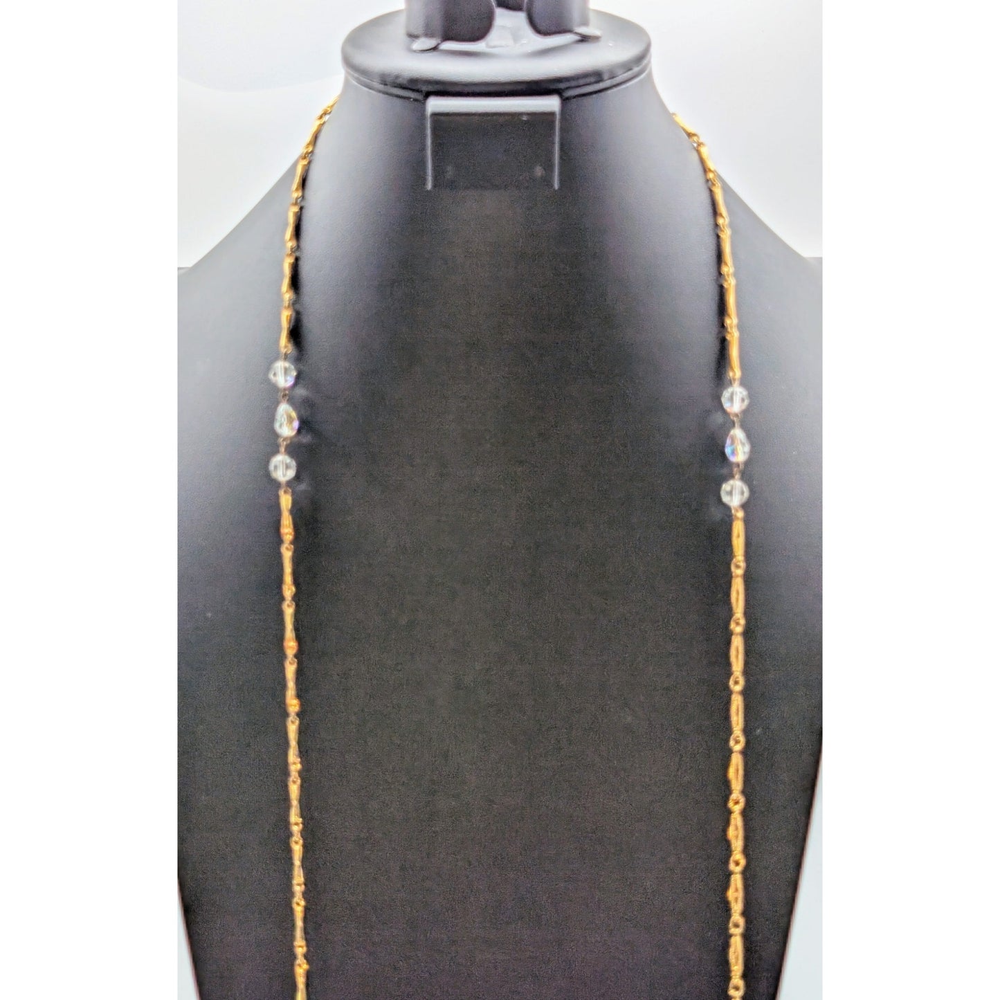Vintage Glass Crystal Gold Tone Textured Chain Link 48" Long Strand Necklace