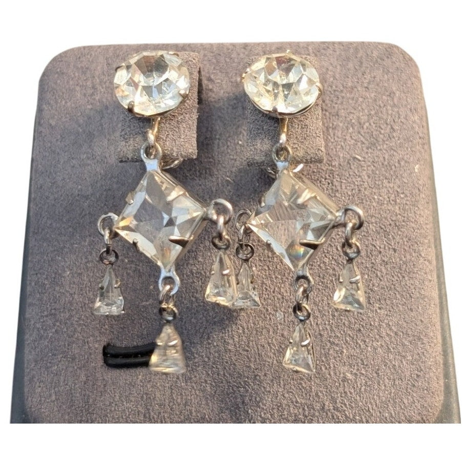 Vintage/Antique Dorsons 12K GF Silver Tone Crystal Dangle Screw Back Earrings