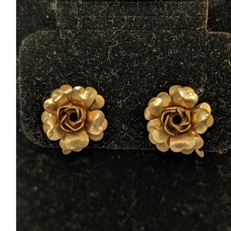 Vintage Gold Tone Floral Rose Screw Back Earrings