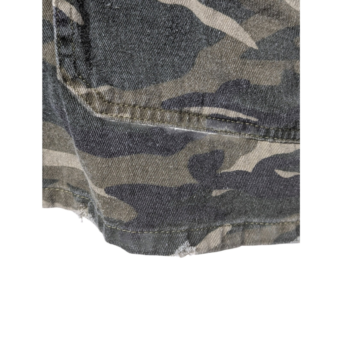 Mystree Shabby Chic Camo Velvet Trim Distressed Button Front Jacket Sz S