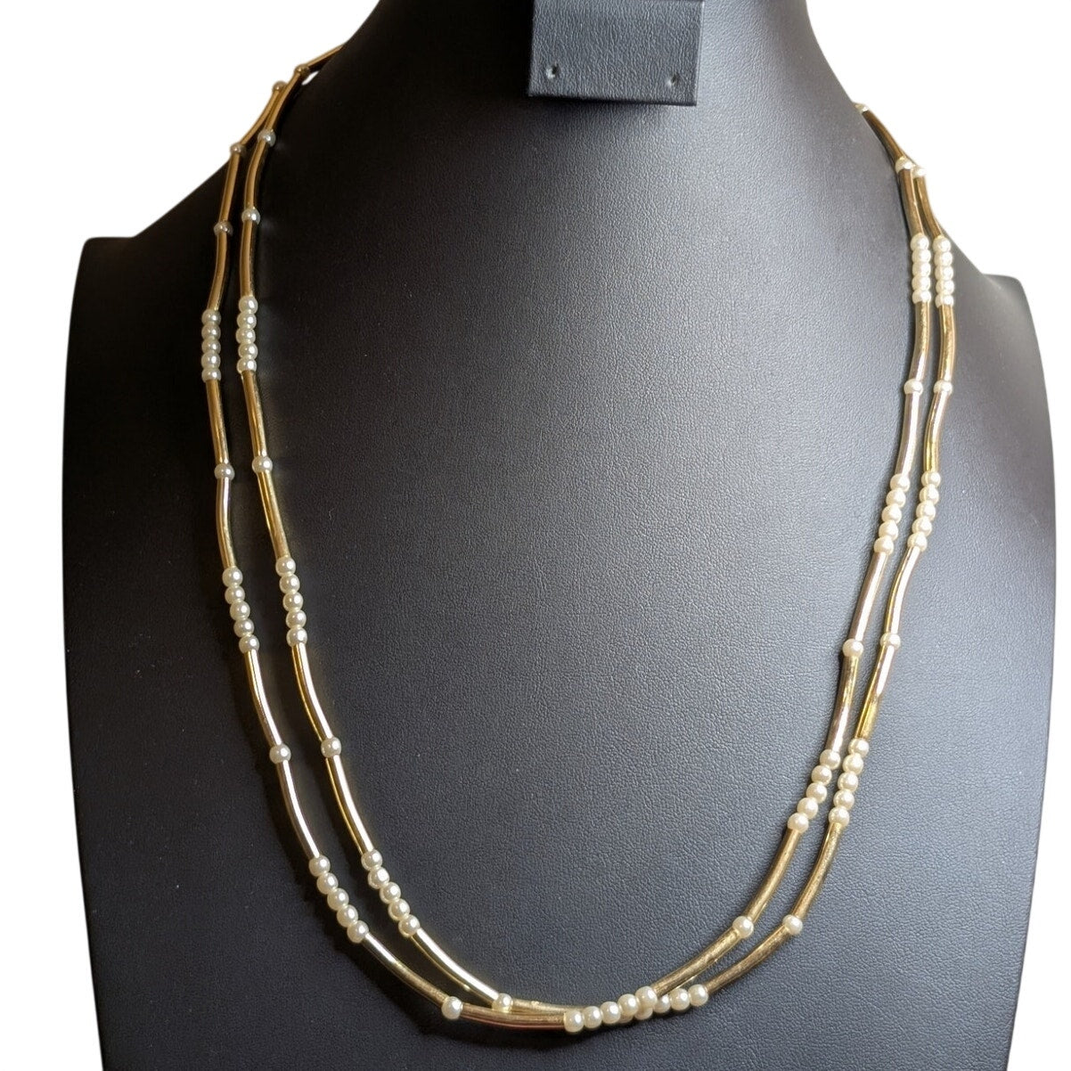 Double Strand Gold Tone Long Tube Bead Faux Pearl Necklace