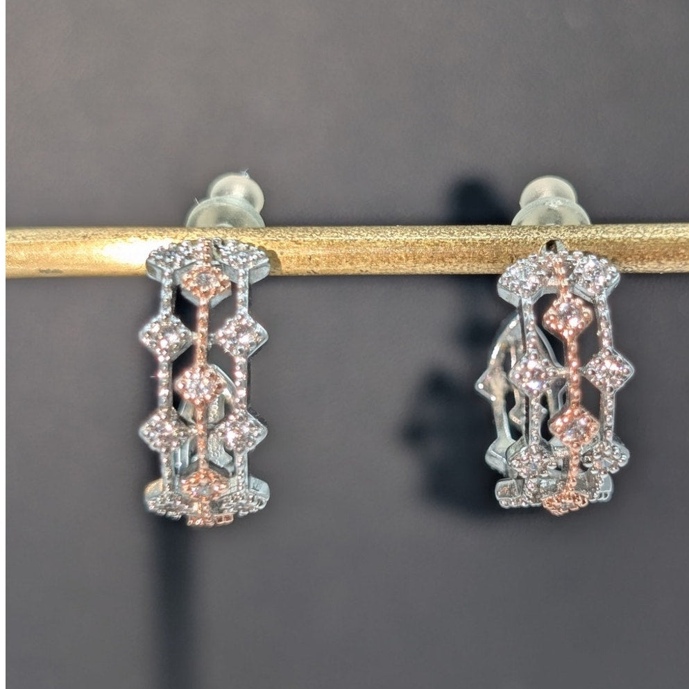 PAJ 925 Sterling Rose & Silver CZ Fancy Half Hoop Earrings