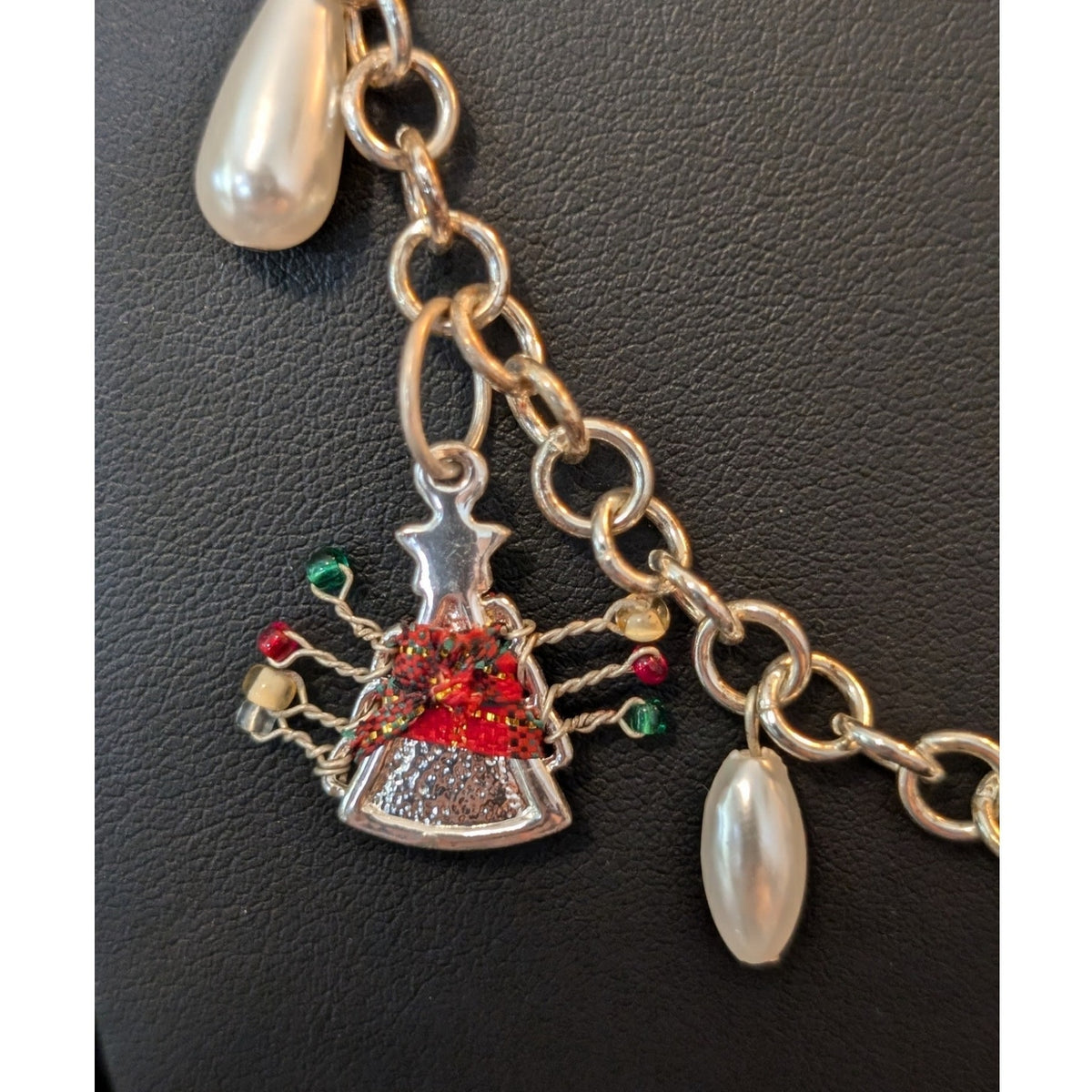 Coldwater Creek Holiday Christmas Tree Faux Pearl Silver Tone Long Necklace