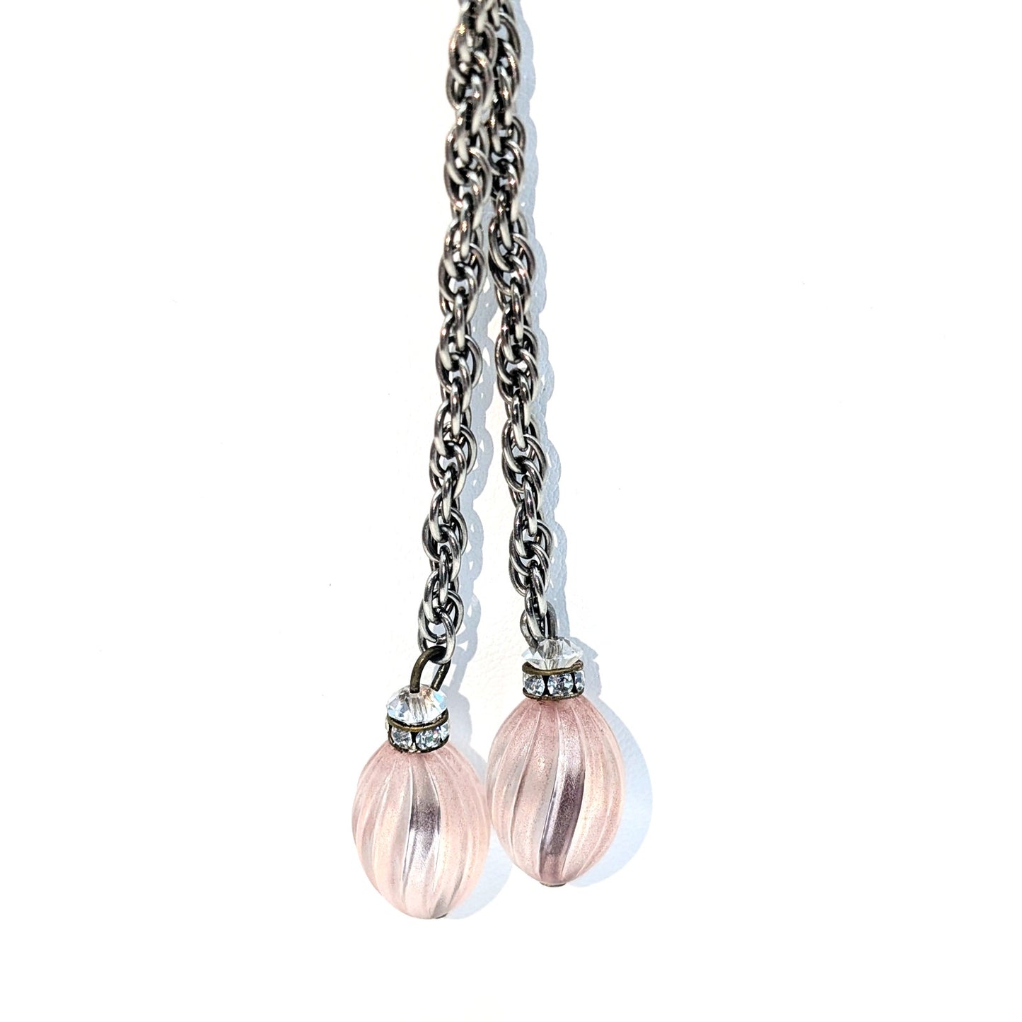 Vtg Art Deco Style Pink Swirl & Crystal Bead Silver Tone Dangle Chain Necklace