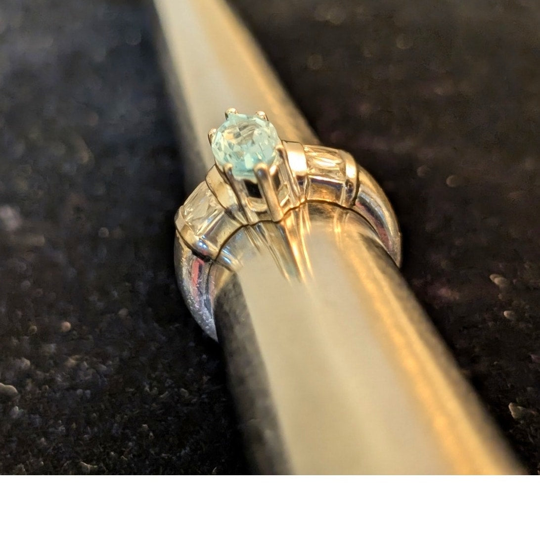 925 Sterling Silver Marquis Blue Topaz & Baguette CZs Ring Sz 6.75