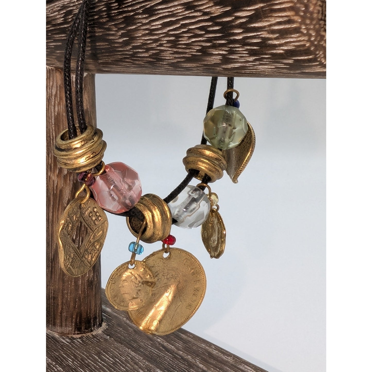 Gold Tone Coin & Bead Charm Corded 8" Bracelet
