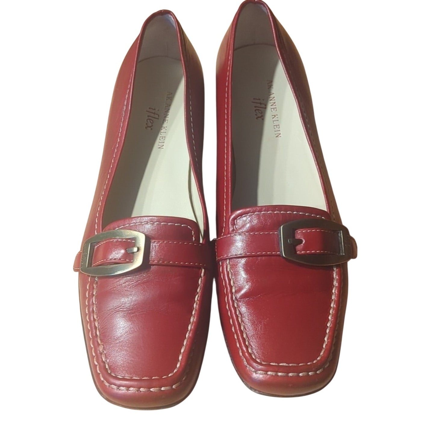 Anne Klein iflex Red Leather Topstitch Gold Hardware Loafers Women's Size 7.5N
