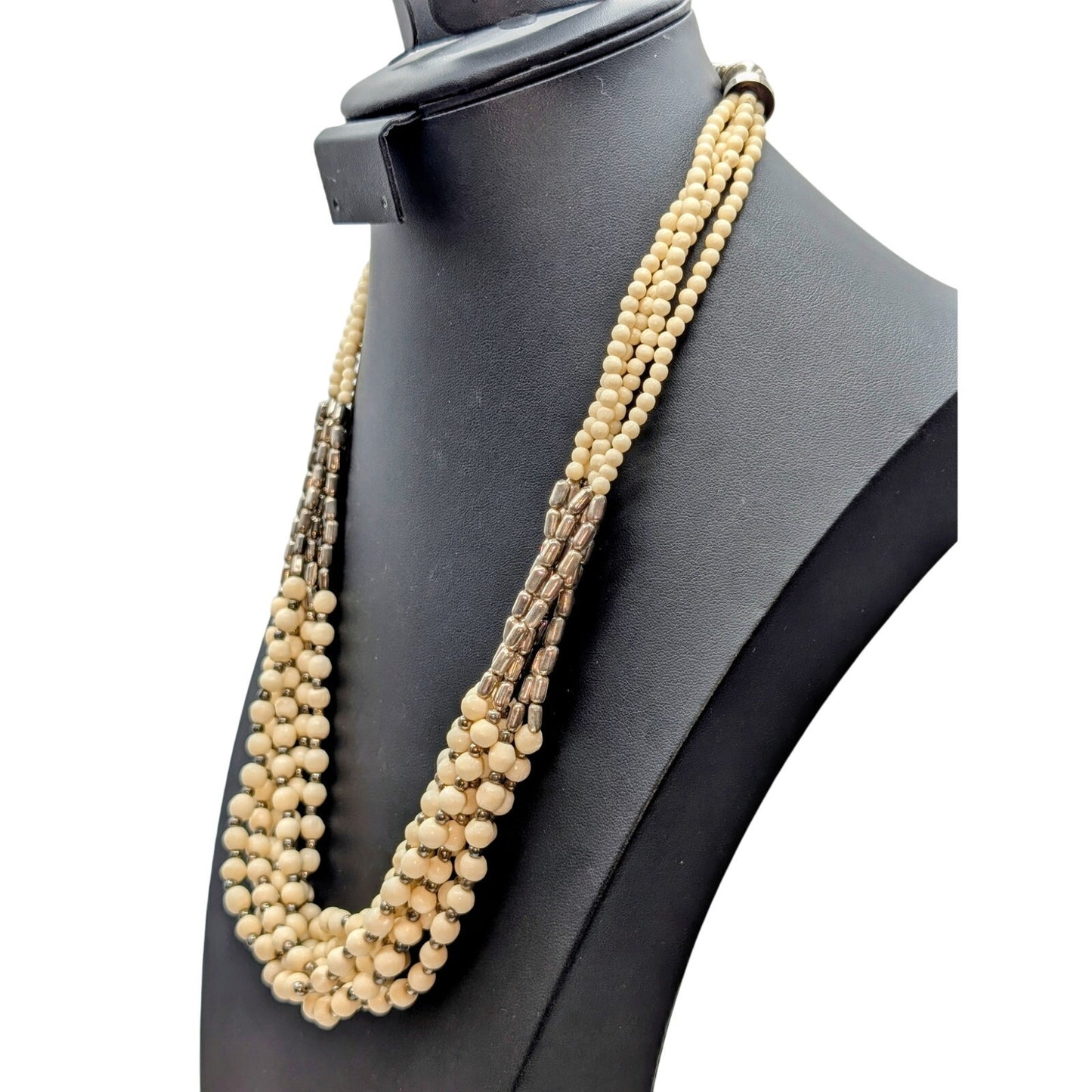 VTG Off White & Silver Bead Multi-Strand Egyptian Tribal Hook Clasp Necklace