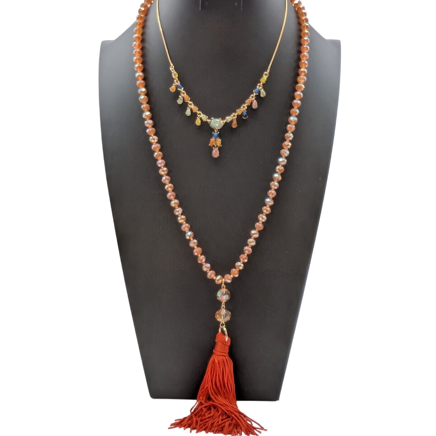 Lot of Two Gold Tone Orange Theme Crystal Tassel Y-Drop Necklaces