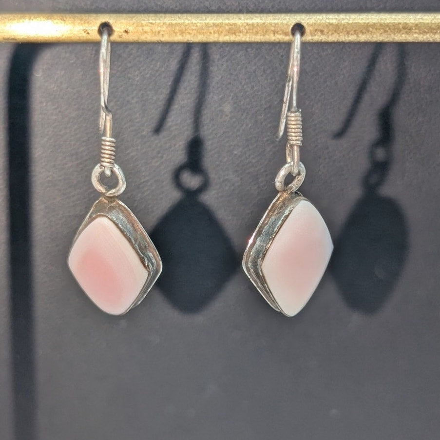 Vintage 925 Sterling Silver Diamond Shape Pink Stone Dangle Earrings