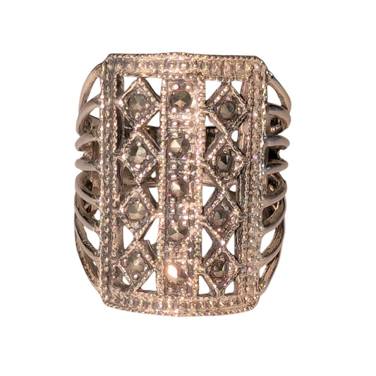 VTG Sterling Wide Long Rectangle Multi Split Shank Marcasite Band Ring Sz 8.75