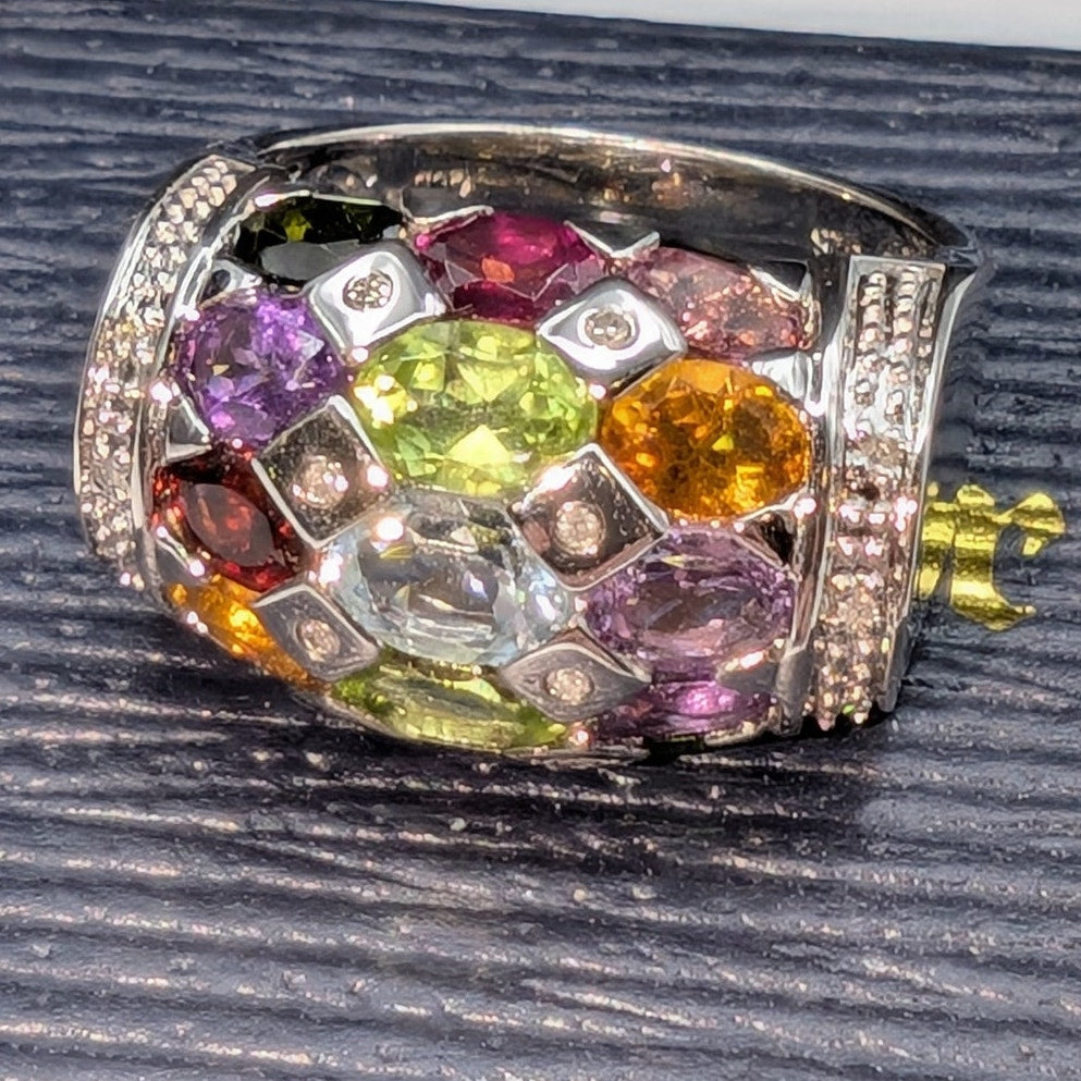 Vintage Stauer Rainbow Tourmaline Diamond 925 Sterling Silver Ring Size 7
