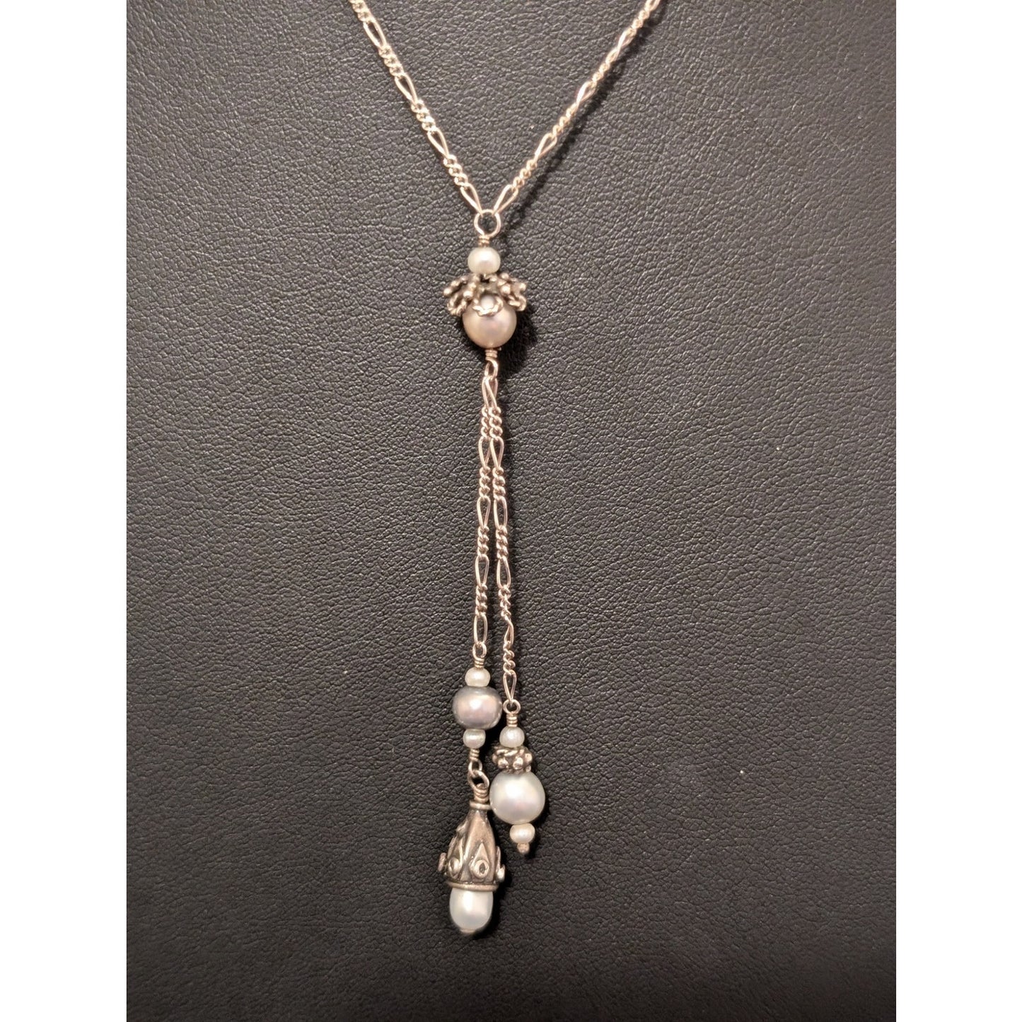 Vtg Sterling Silver Figaro Gray White Multi-Shaped Pearl Crystal Y Necklace