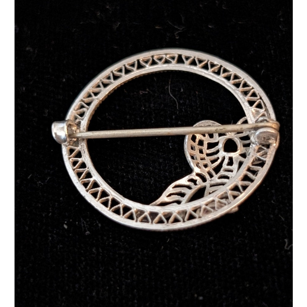 Vintage Art Deco Sterling Silver Filigree Circle Ribbon Bow Brooch Spun Silver