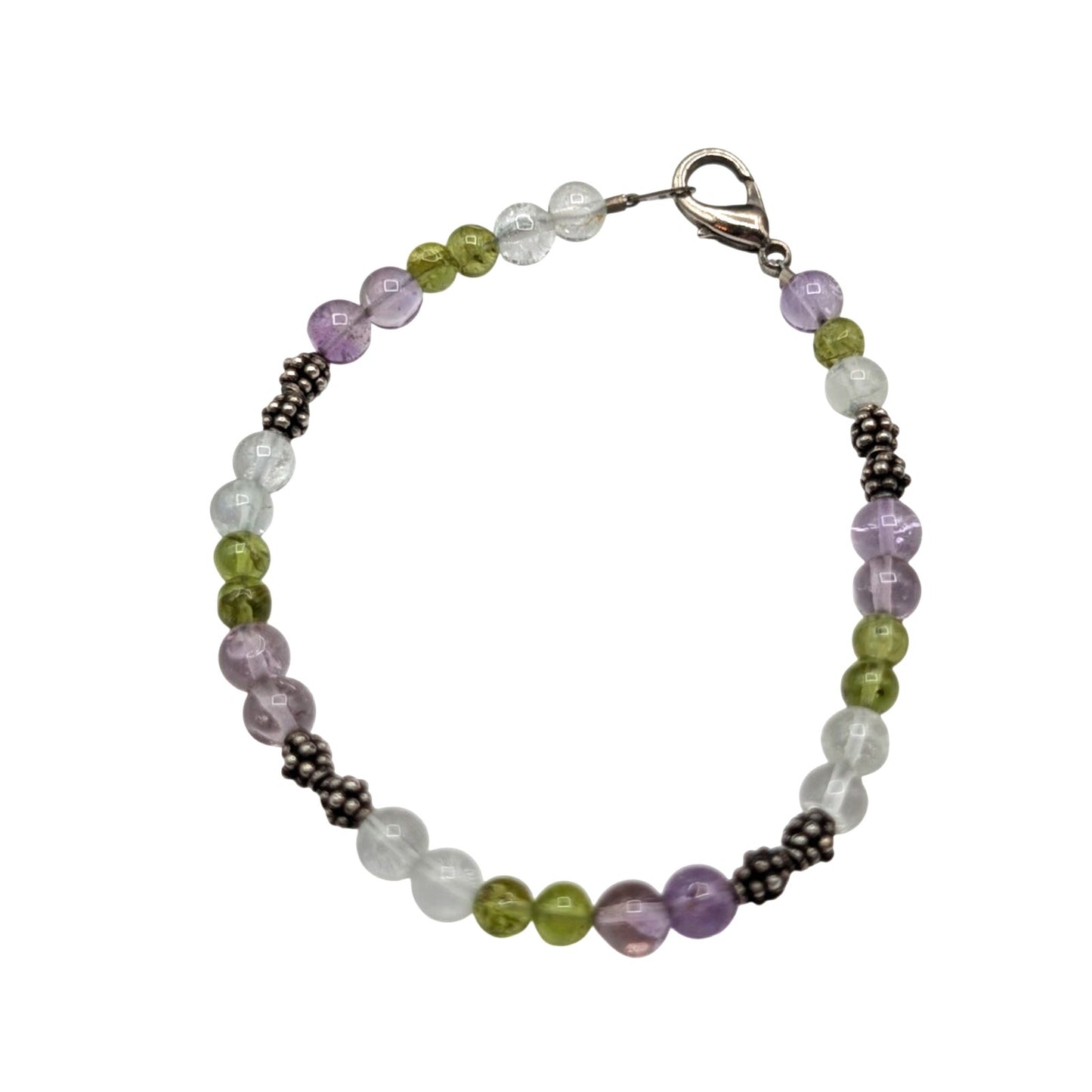 Amethyst Peridot Quartz & Silver Beaded Silver Tone Clasp Bracelet