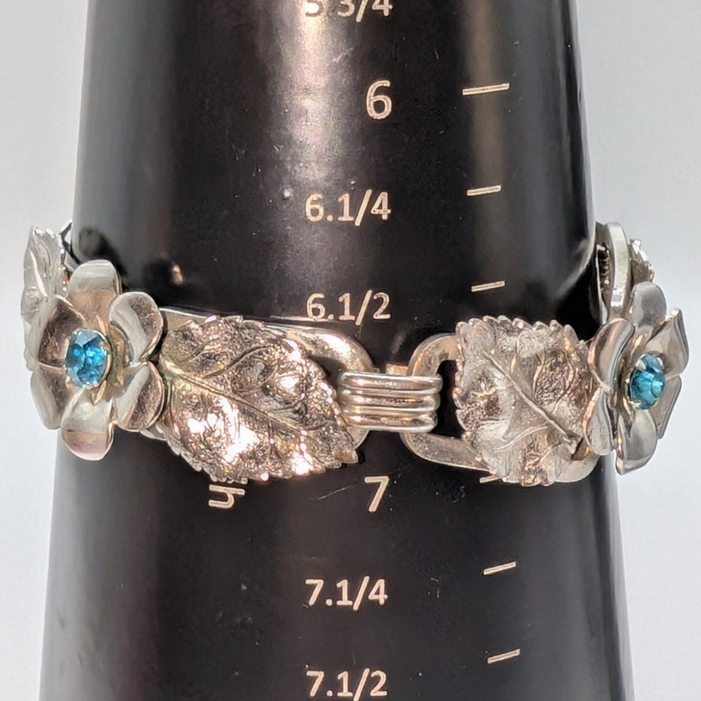Vintage Silver Tone Blue Crystal Flower Leaf Chain Fold Over Clasp Bracelet