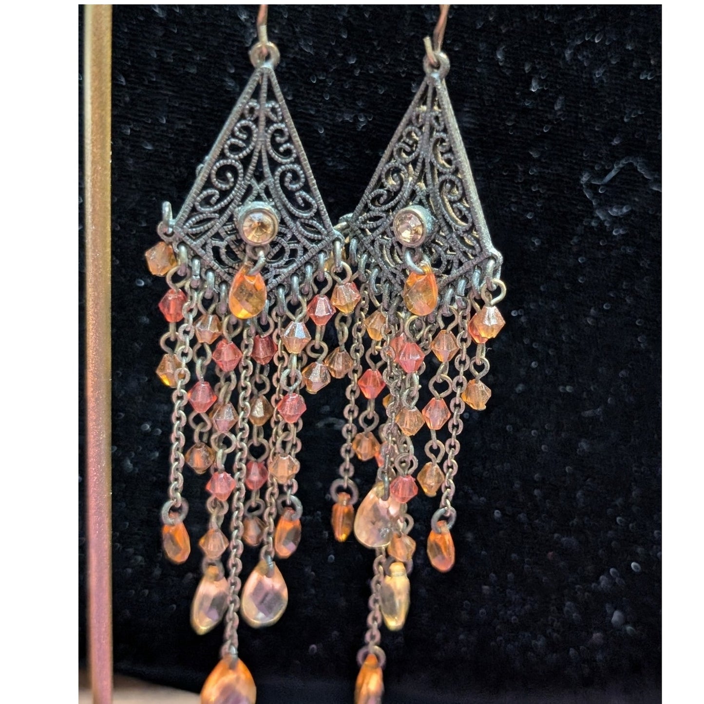 VTG Antiqued Chandelier Amber Color Filigree Crystal Chain Dangle Wire Earrings