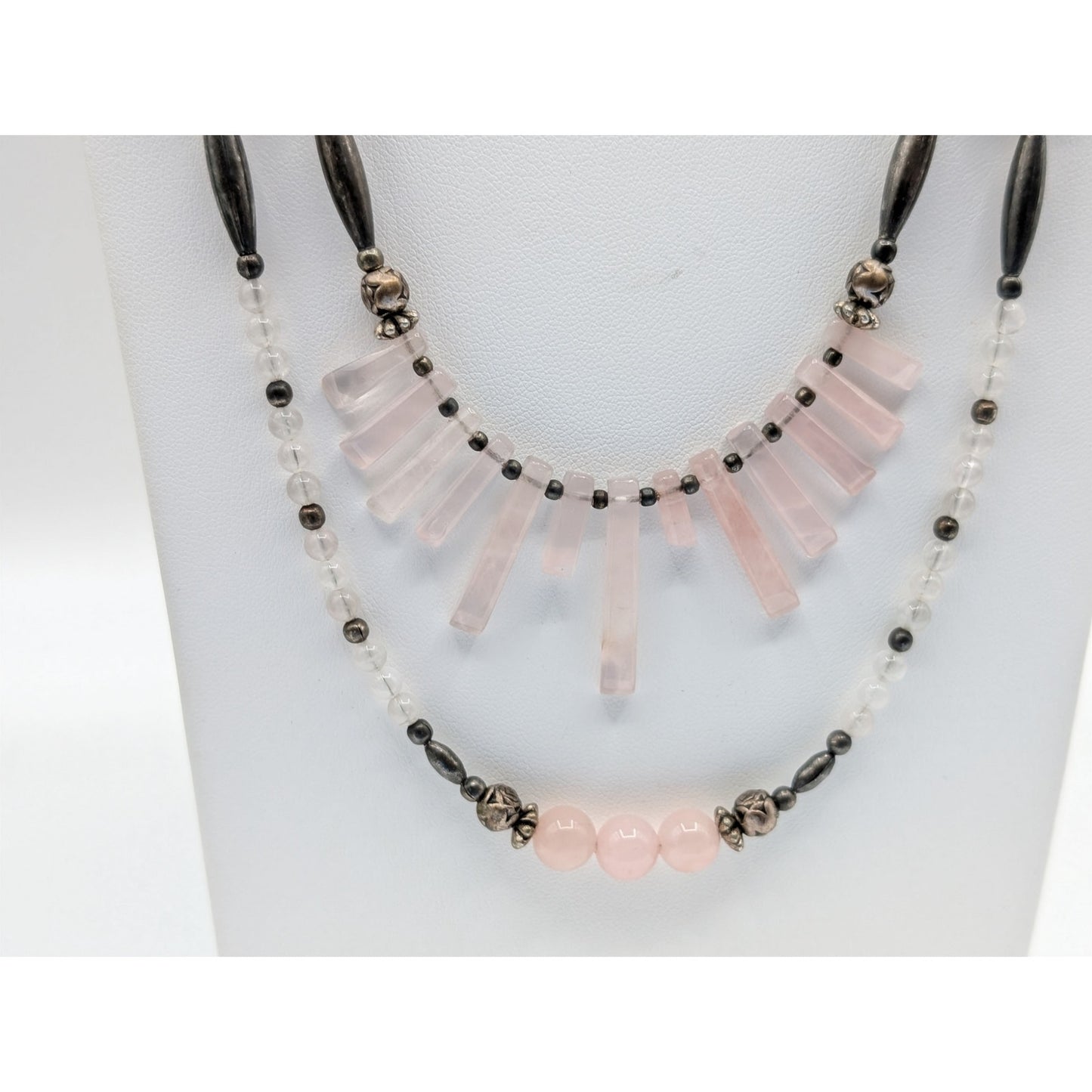 Vintage Liquid Silver Handmade Pink Quartz Crystal Double Strand 25.5" Necklace