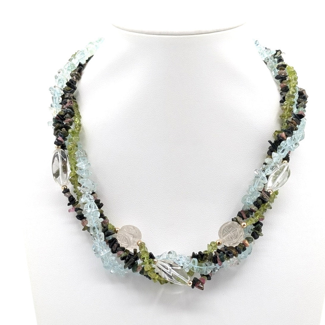 Torsade Strands Topaz Chip & Carved Peridot & Multi Gem Gold Tone Clasp Necklace