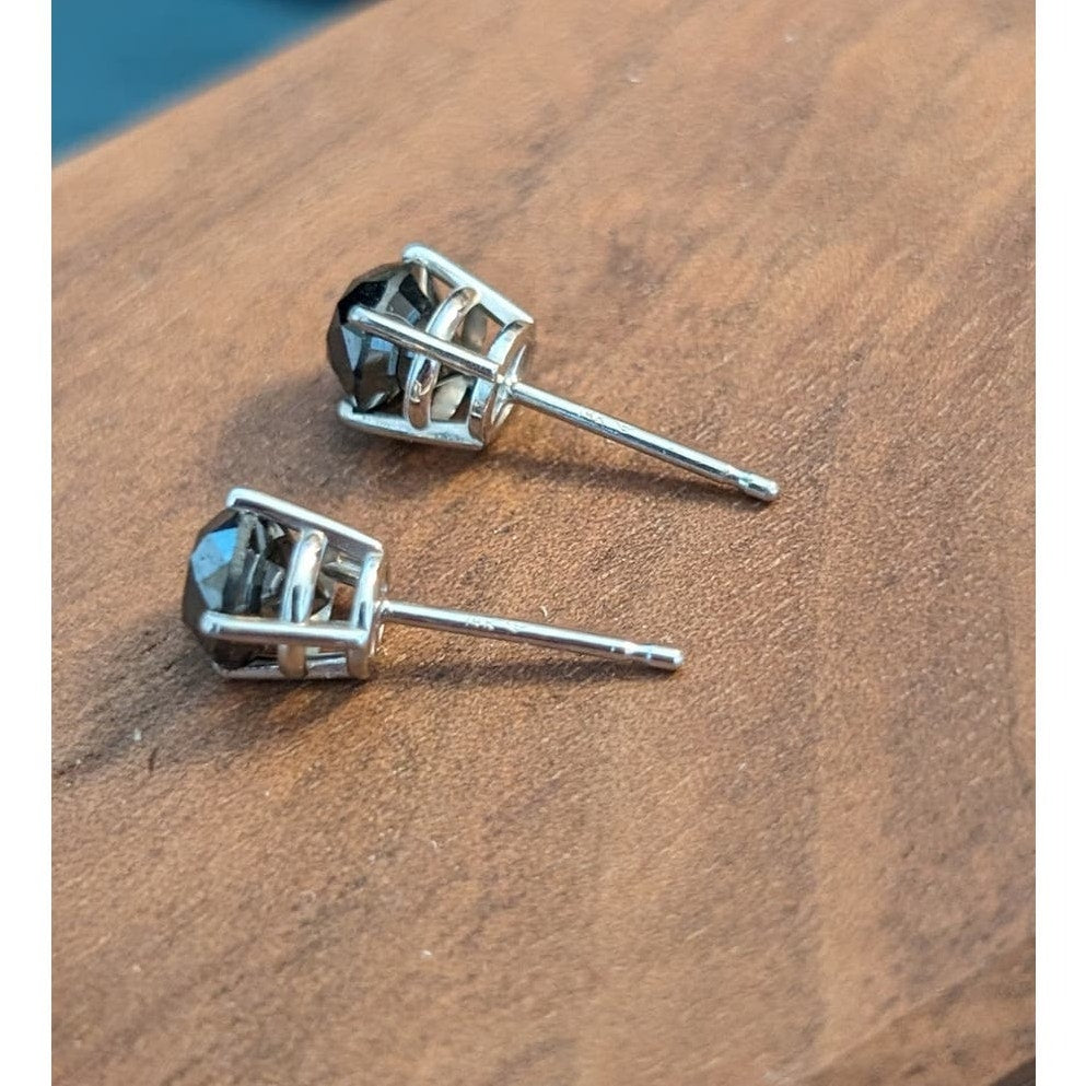 14k White Gold 4-Prong Basket Round Black Diamond Stud Earrings