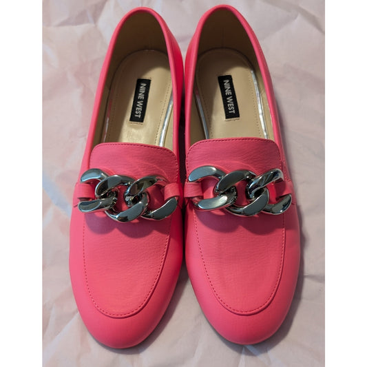 Nine West Neon Pink Silver Chain Round Toe Loafer Women's Size 8.5