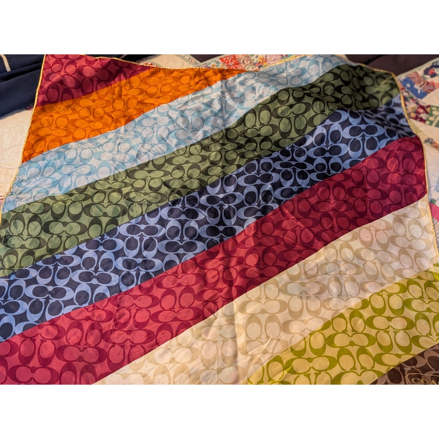 Retired COACH Multi-Color Logo 100% Silk Gold Trim 27" X 27" Scarf