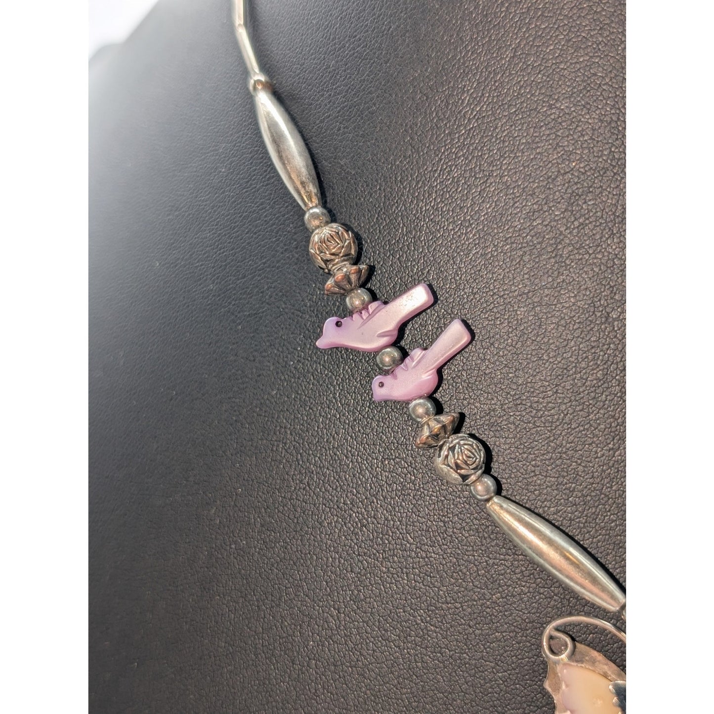 Vintage Liquid Silver Pink Shell Butterfly & Bird Barrel Clasp 18" Necklace