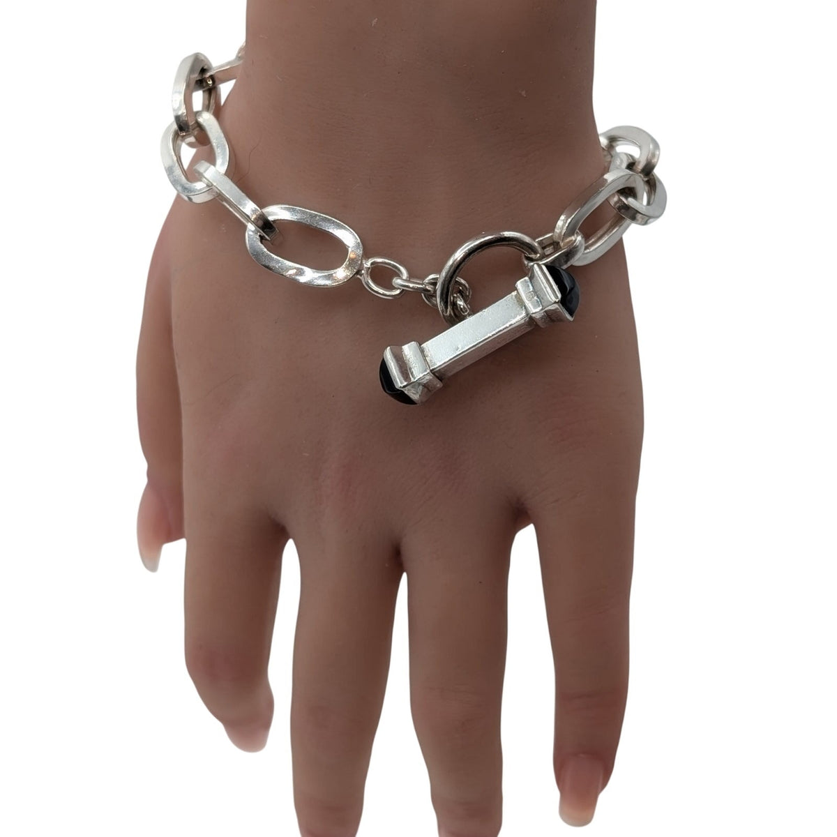 925 Italy Sterling Silver Onyx Toggle Oval Chain Link Bracelet 24.26g