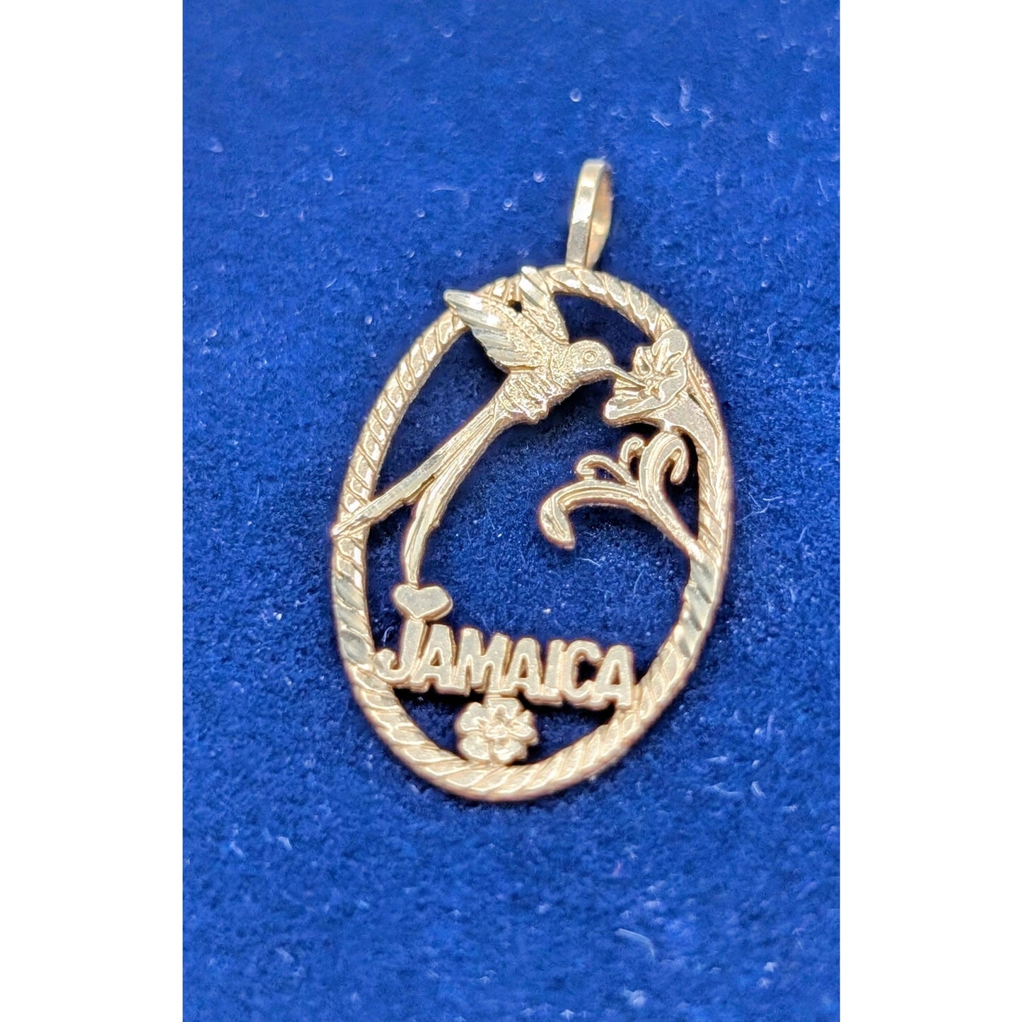 14K Yellow Gold Jamaica Hummingbird Flower Caribbean Pride Statement Pendant