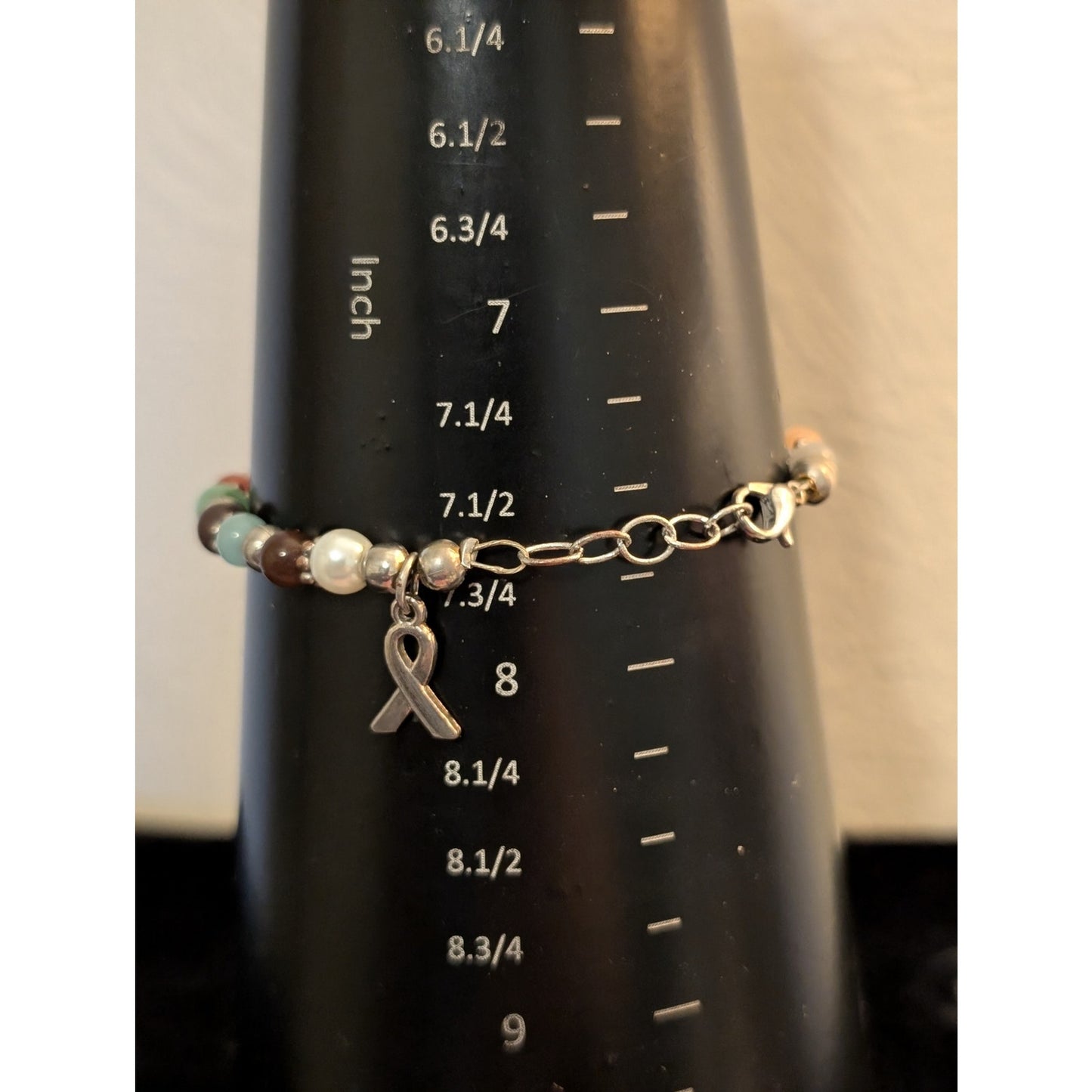 Silver Tone Multi-Color Cat Eye Bead Ribbon Charm Bracelet