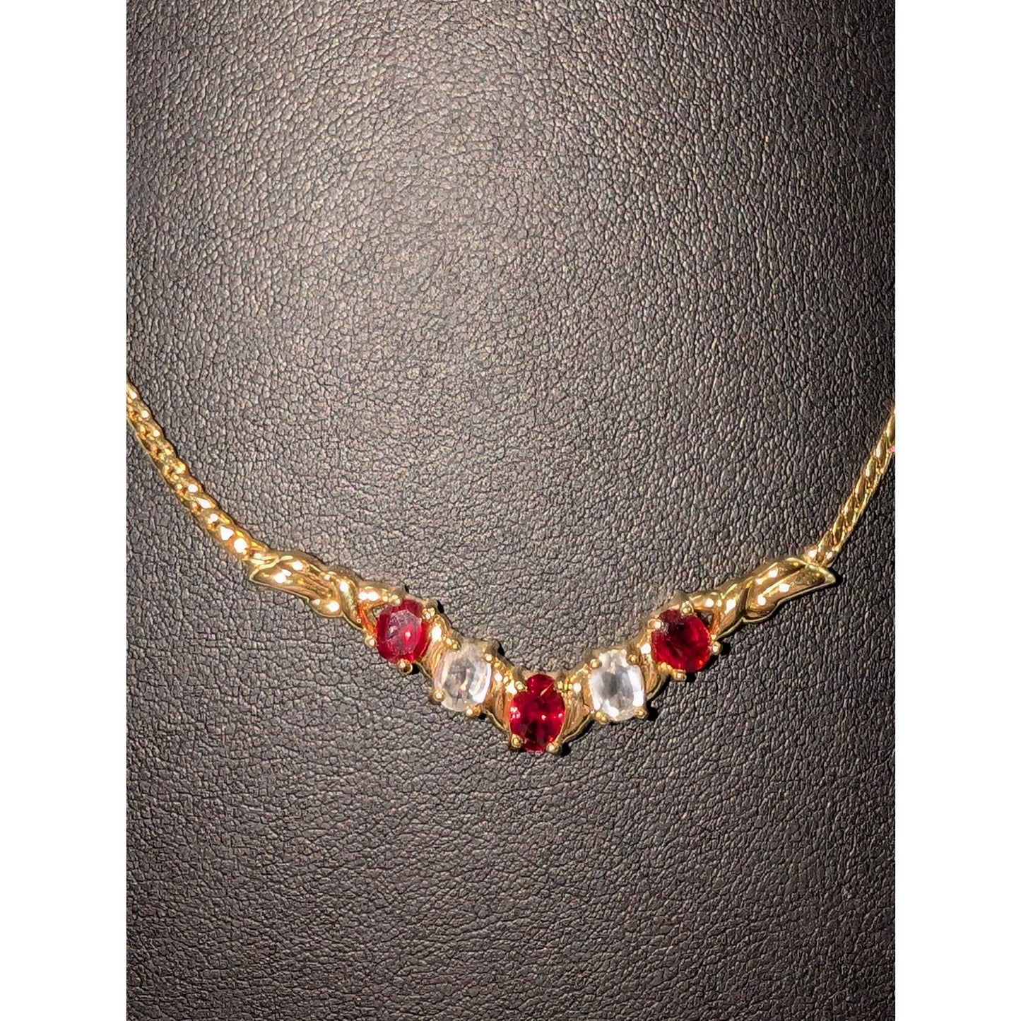 Vintage Center 'V' Red & Clear Glass Stone Gold Tone Chain 16"-18" Necklace