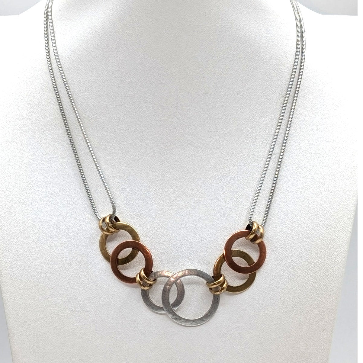 Vintage Marjorie Baer Loopy Tri-Tone Metal Double Strand Chain 16"-19" Necklace