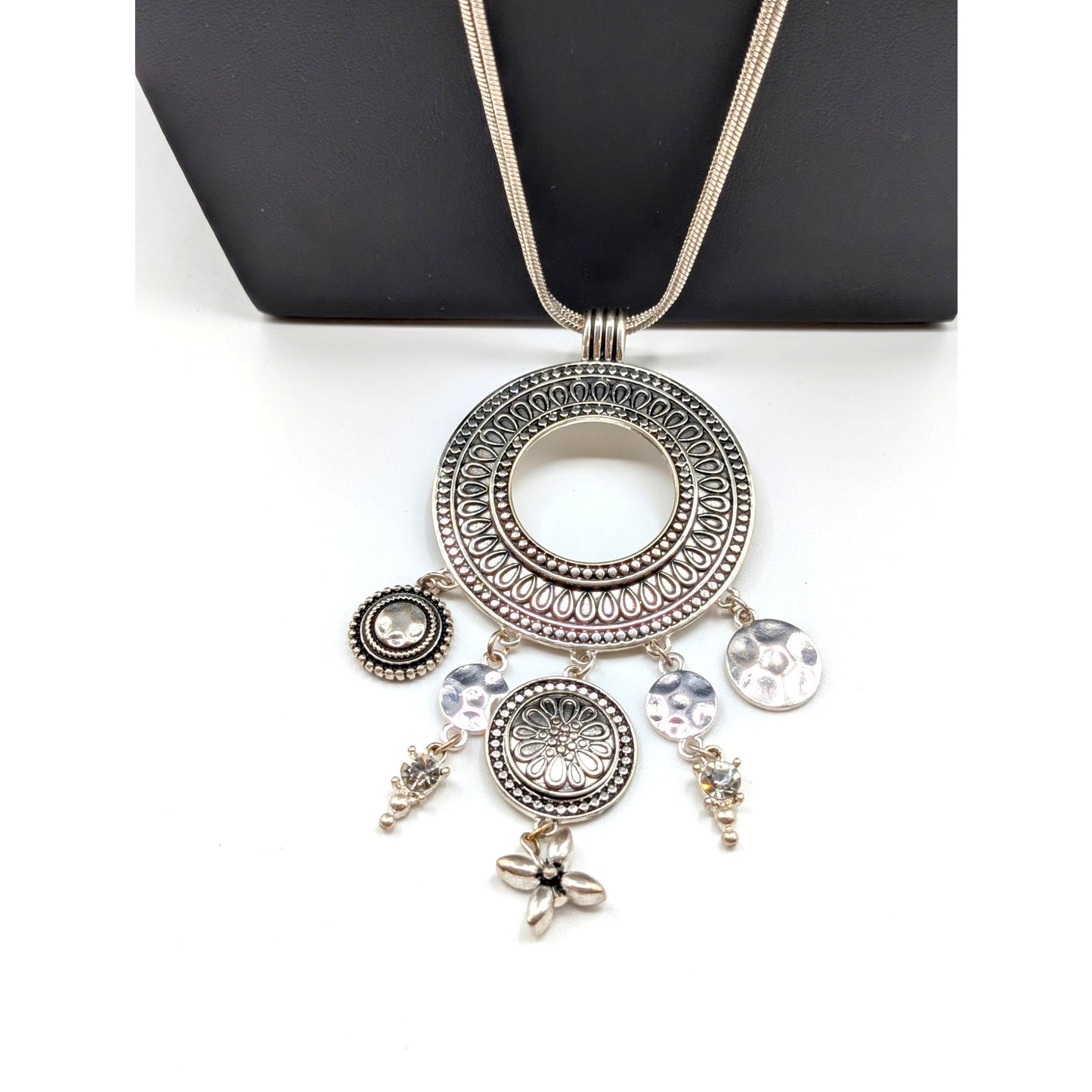 Hallmark 'V' 35"-38" Plus 4" Dangle Pendant Double Chain Silver Tone Necklace