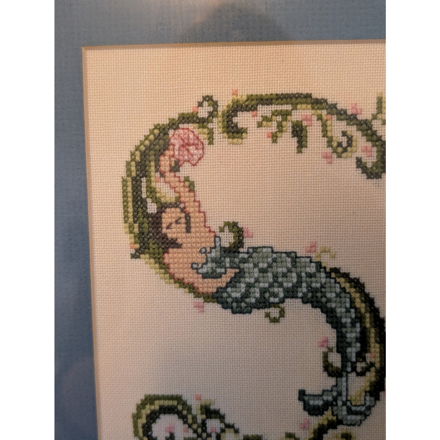Mermaid Cross Stitch Initial 'S' Blue Mat Framed Art