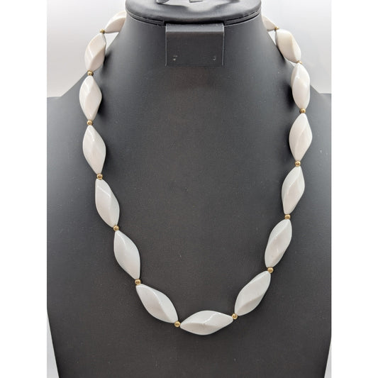 Vintage 70s Signed Trifari White Oblong Twisted Gold Bead 22" Necklace