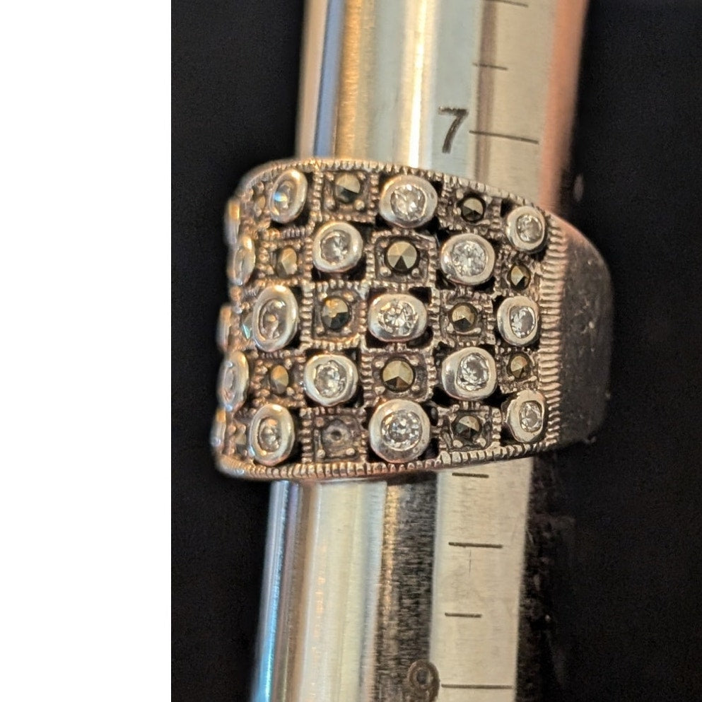 Vtg Sterling Silver 925 Marcasite Cubic Zirconia Wide Band Ring Size 7.5 10.14g