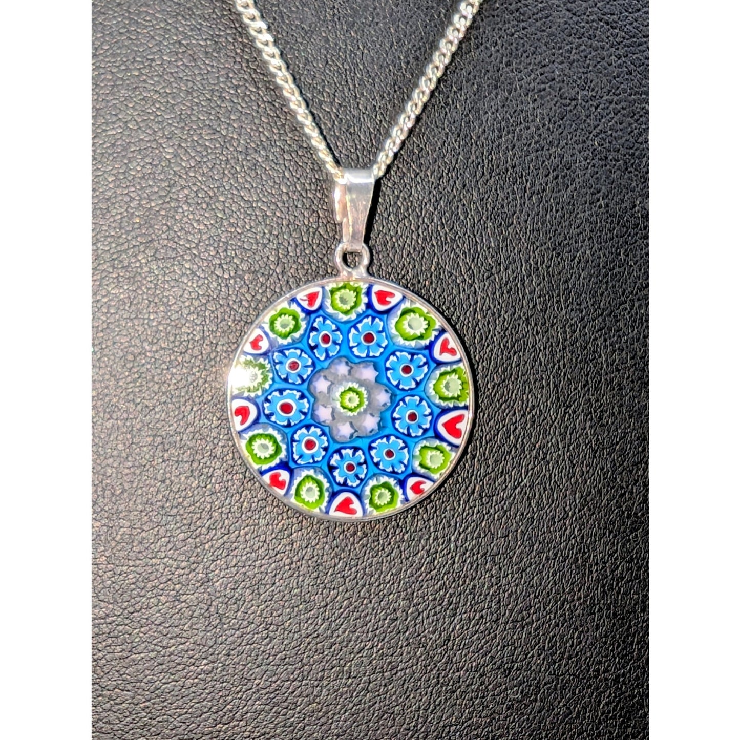 Signed M Italy 925 Murano Glass Millefiori Pendant 20" Sterling Chain Necklace