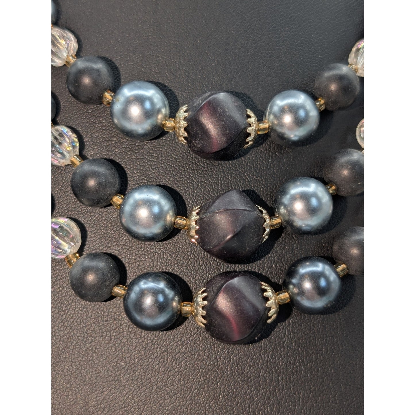 Vintage Triple Strand Gray W/ Purple Tint Austrian AB Crystal Bead Necklace