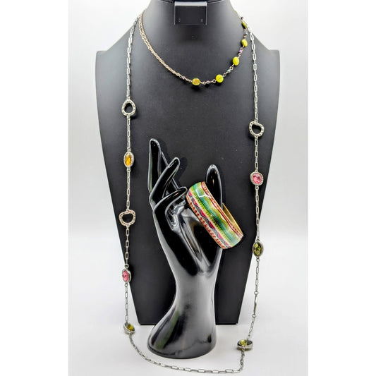 Long Lia Sophia & 925 Sterling Shell Necklaces & Colorful Brass Bangle Bracelet