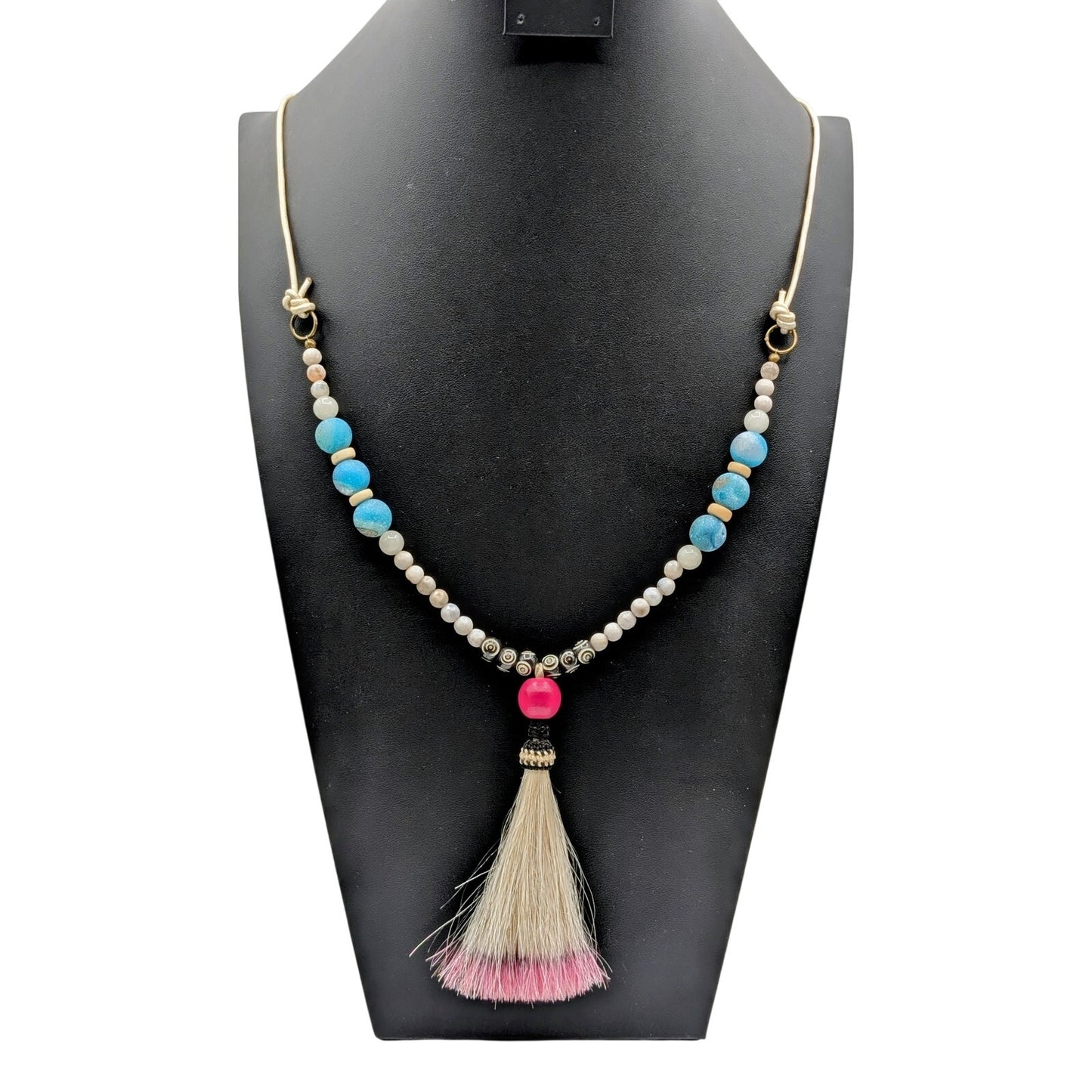 Boho Blue Pink White Black Stone Beaded Pink Tipped Tassel Long Cord Necklace