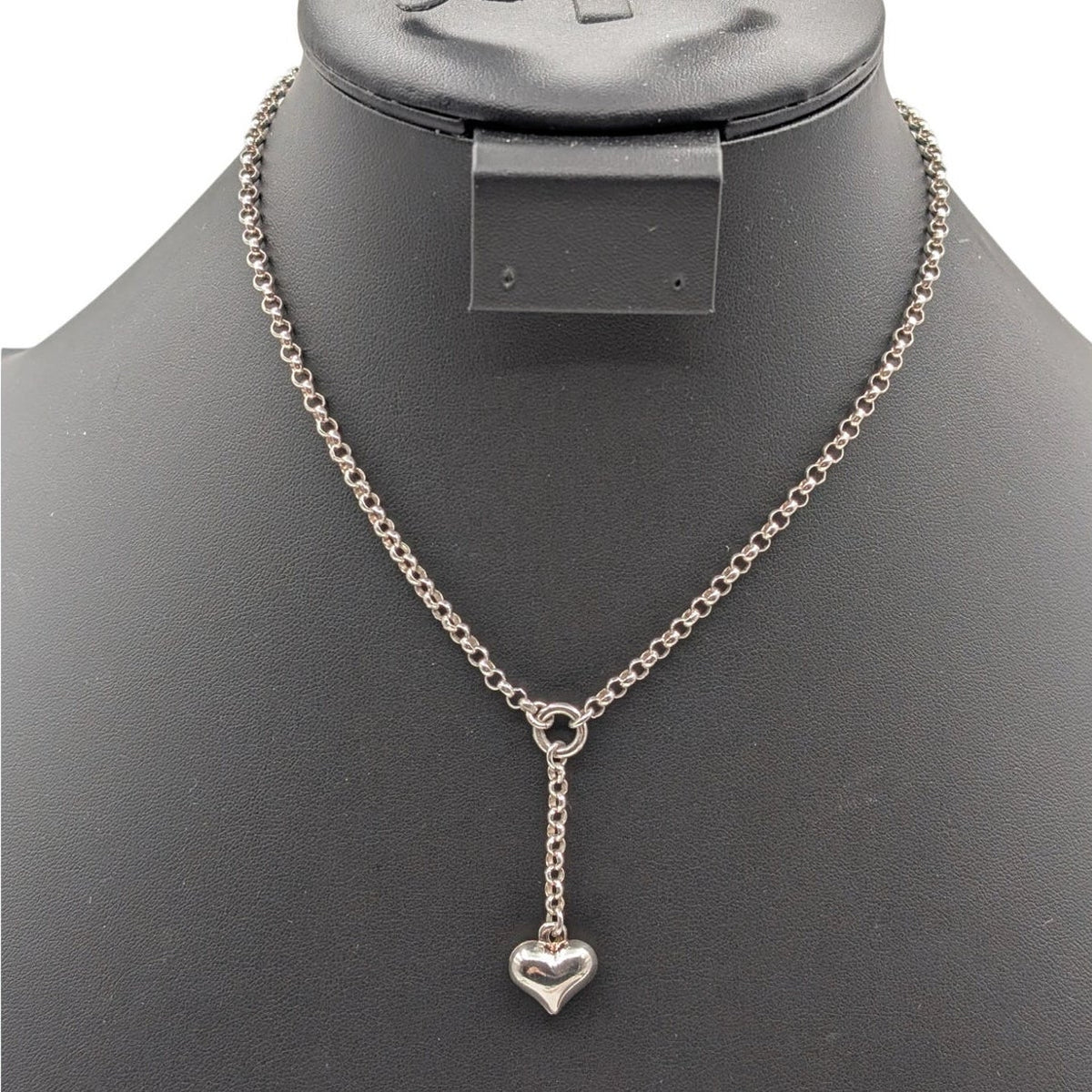925 Sterling Silver Y Drop Heart Dangle Rolo Link 15.5" Chain Necklace