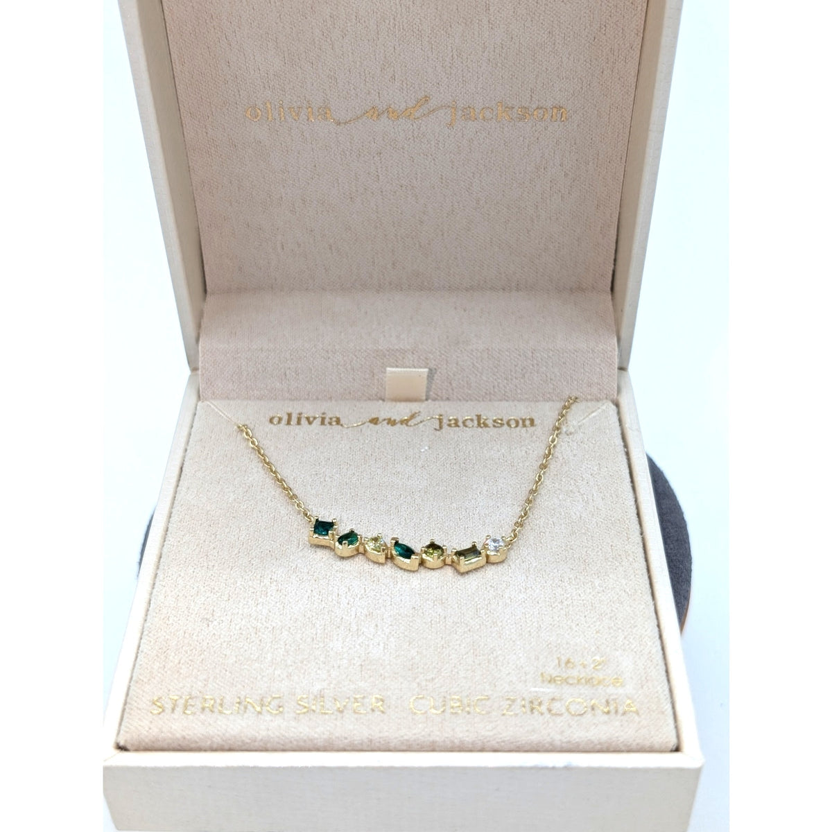 Olivia and Jackson Sterling Silver Green Clear CZ 16"-18" Gold Tone Necklace NWT